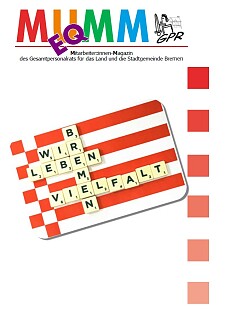 Titelseite. Scrabble-Buchstaben auf einer Speckflagge bilden zusammen den Claim: Wir leben Vielfalt - Bremen